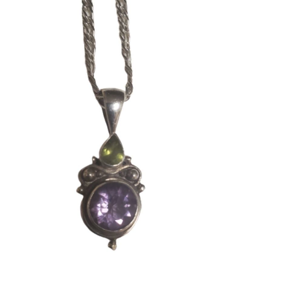 925 Sterling Silver Necklace w/ Amethyst & Peridot Pendant marked MA133